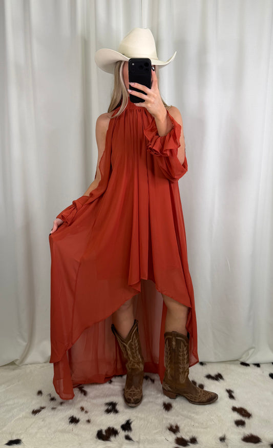 Rae High-Low Halter Maxi Dress