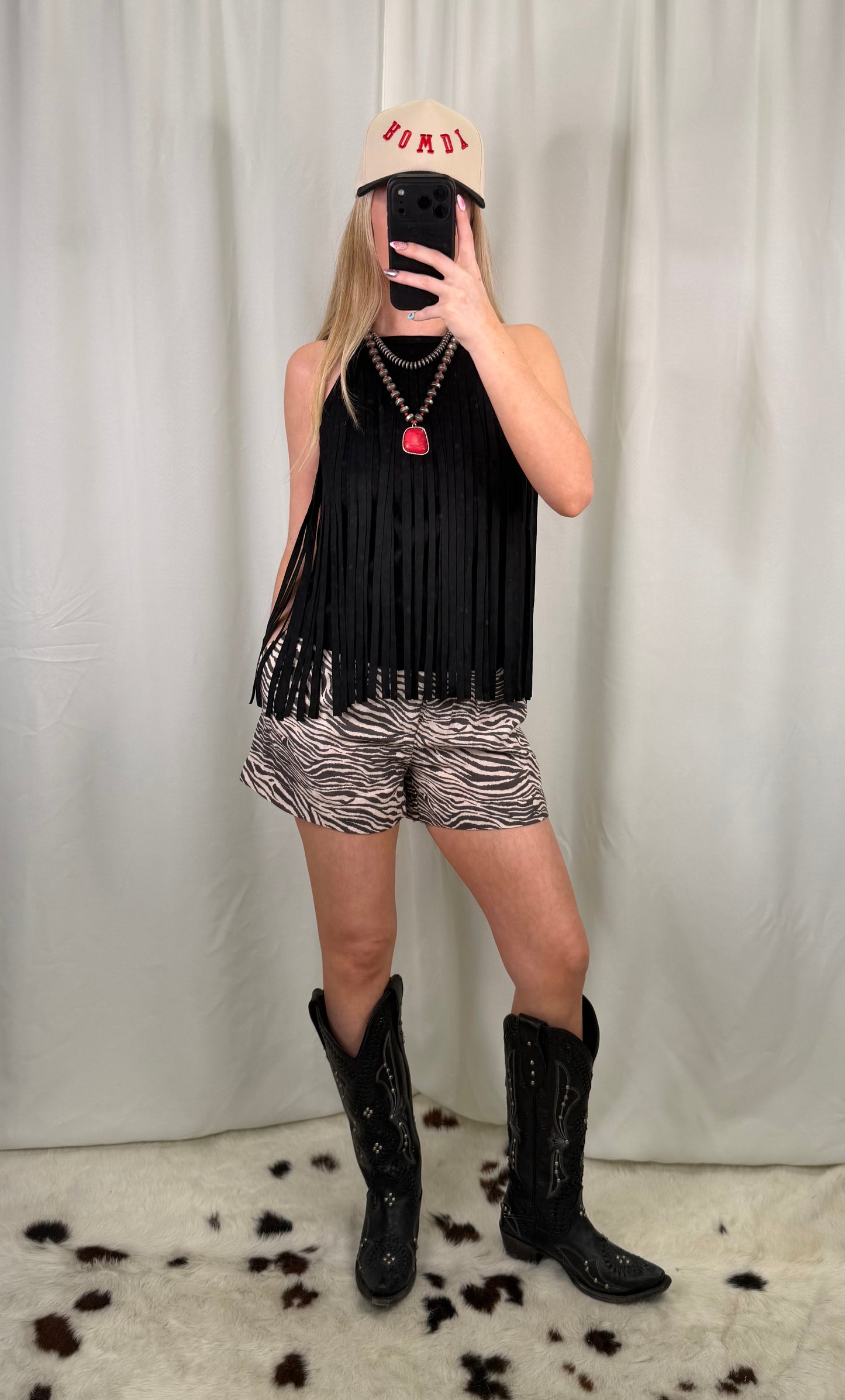 "Laura" Black Stretch Suede Fringe Top