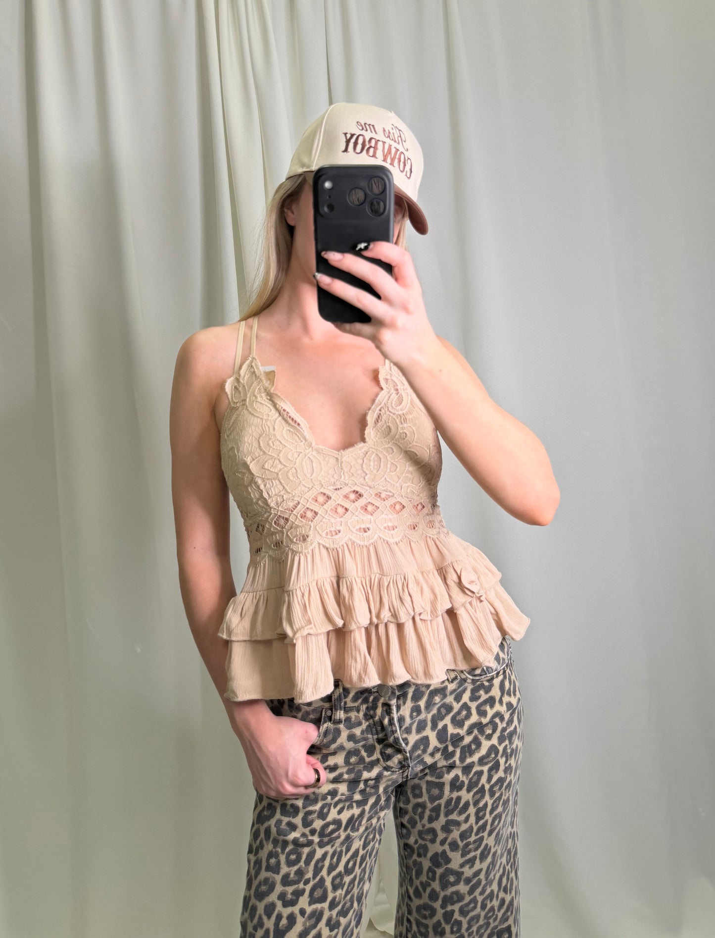 Cami Lace Ruffle Taupe Tank Top