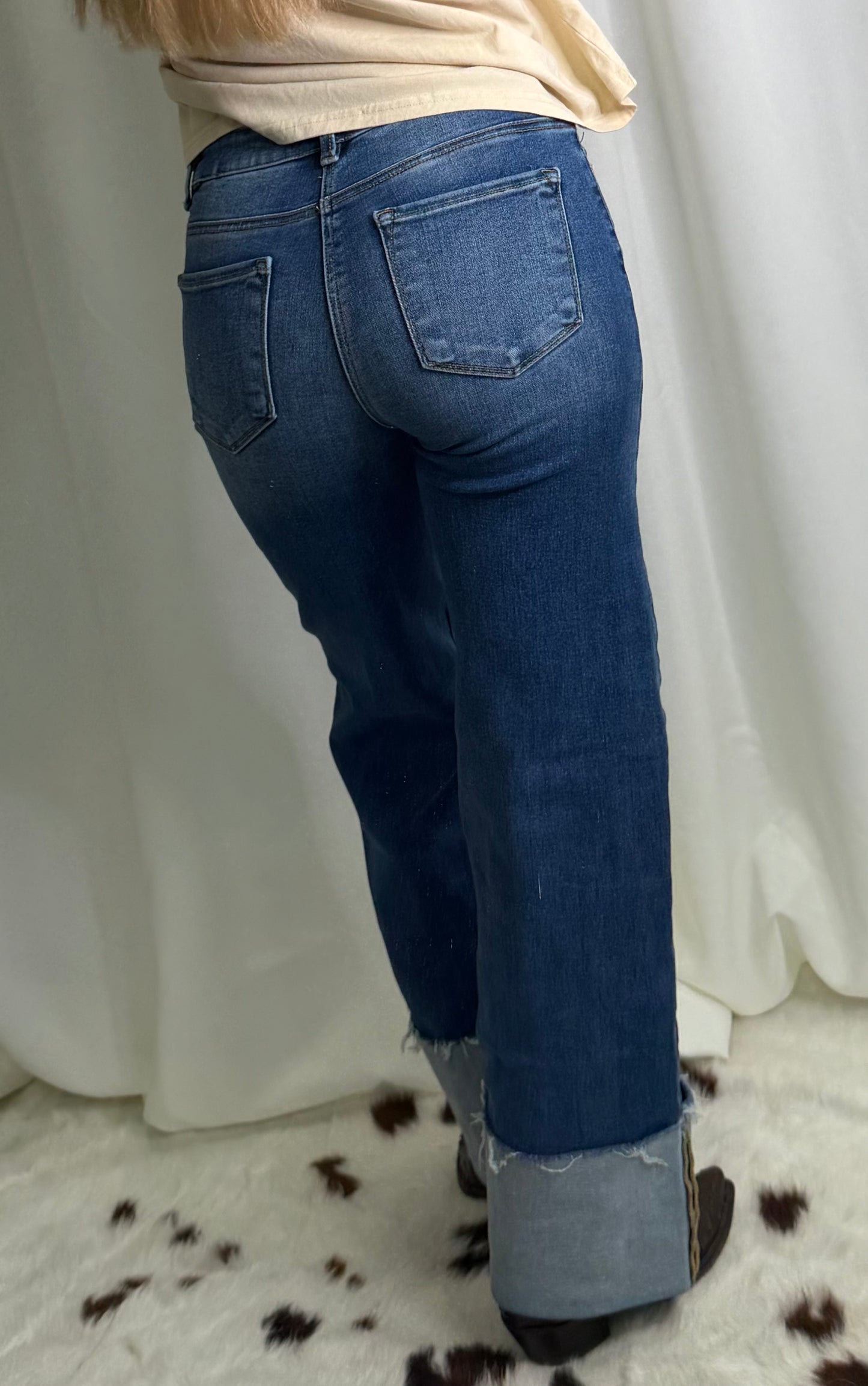 Risen High Rise Dark Wash Cowboy Cuff Jeans