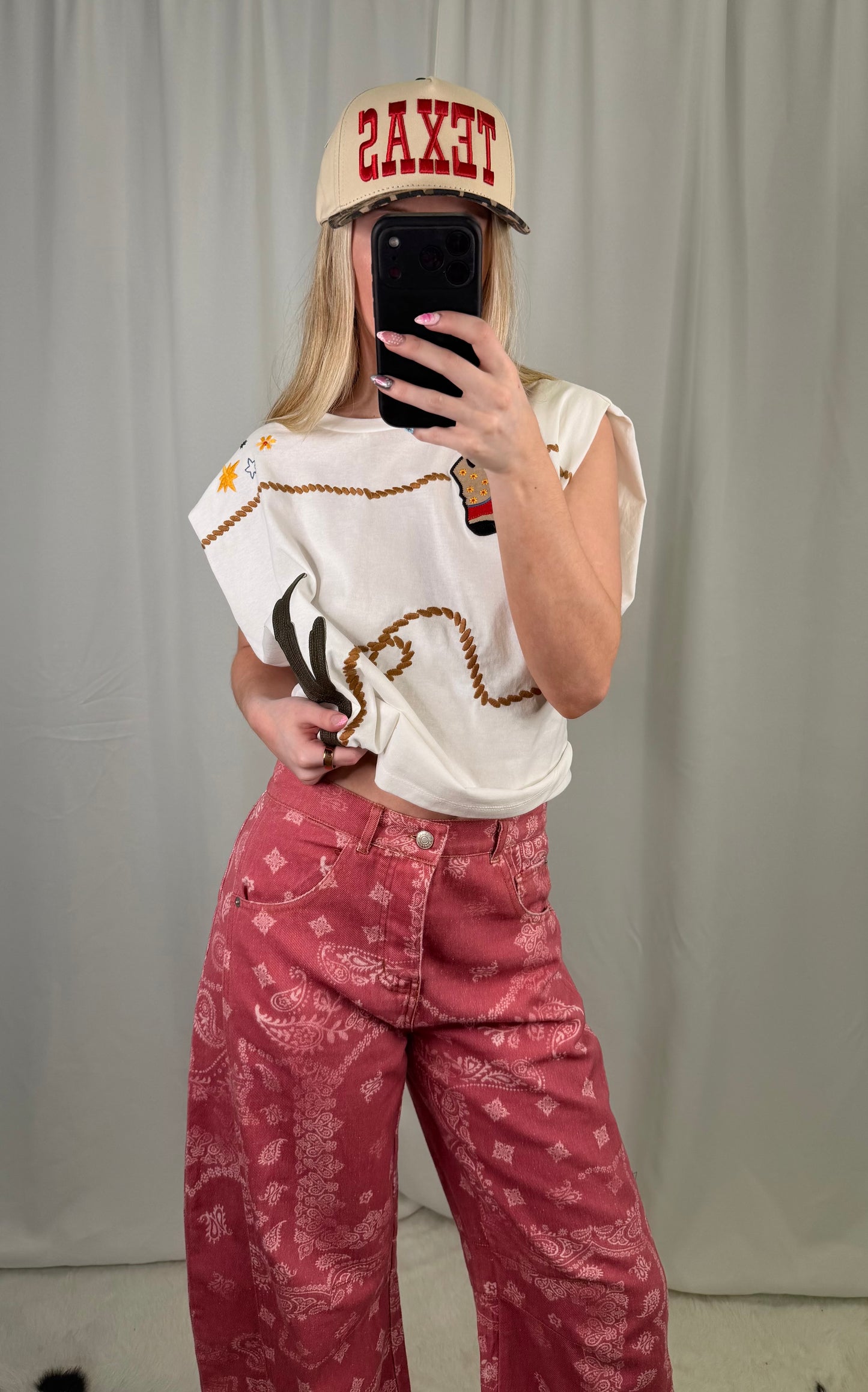 "Marianne" Dusty Rose Bandana Barrel Jeans