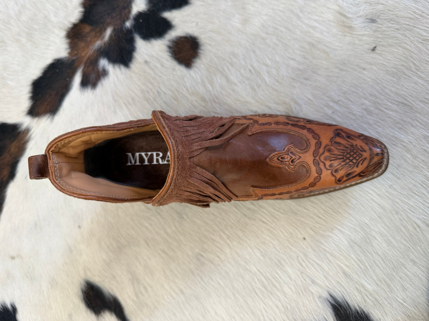 Myra Wild Ember Fringed Hand-Tooled Booties