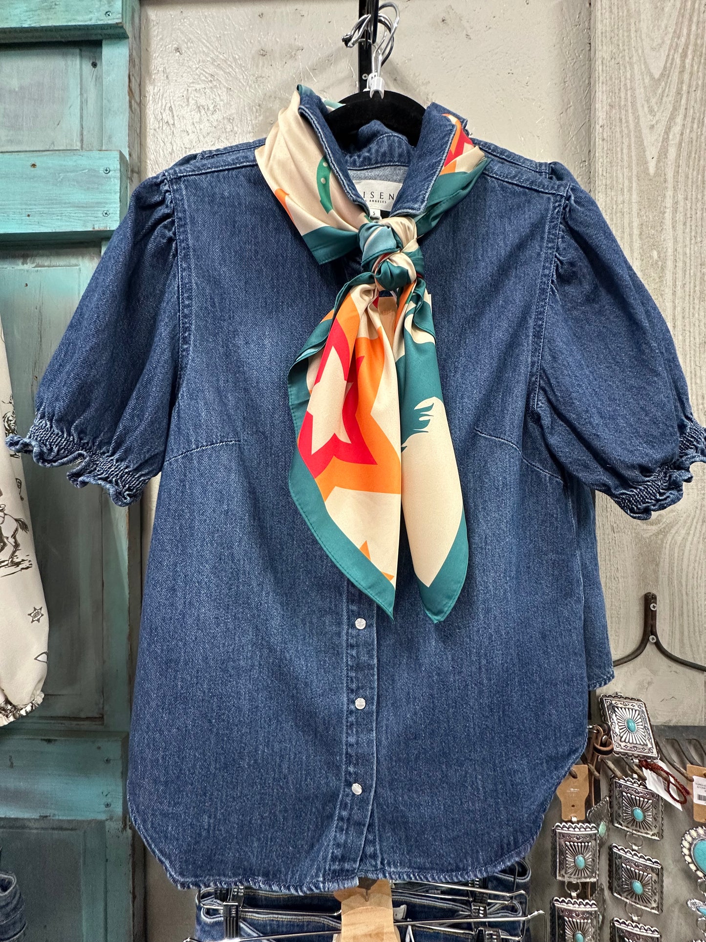 Risen Puff Sleeve Denim Snap Blouse
