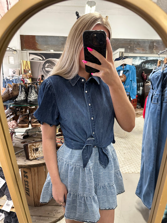 Risen Puff Sleeve Denim Snap Blouse