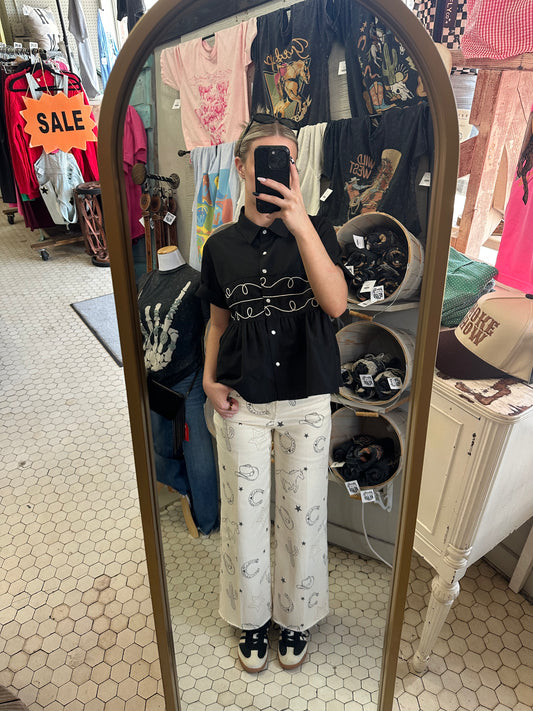 Western Print Wide Leg Denim Jeans