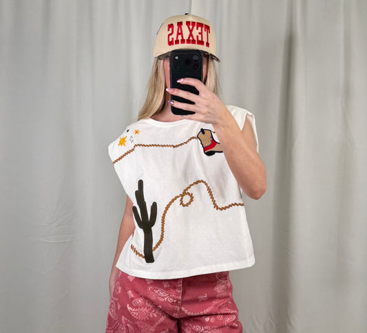 "Sydney" Embroidered White Muscle Crop