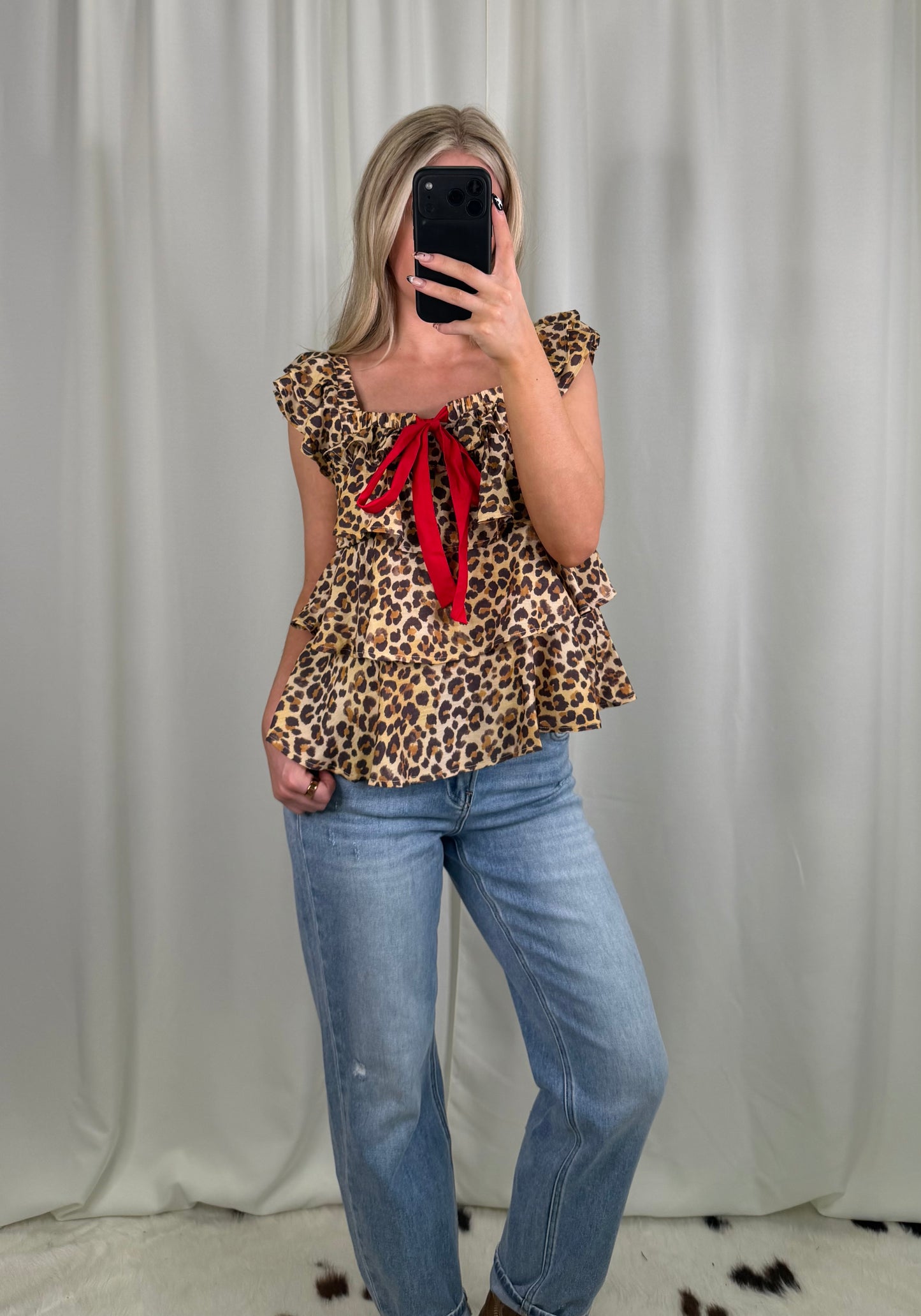 Leopard Bow Tie Ruffle Blouse