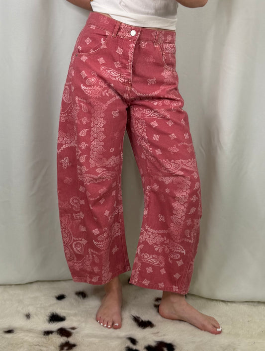 "Marianne" Dusty Rose Bandana Barrel Jeans