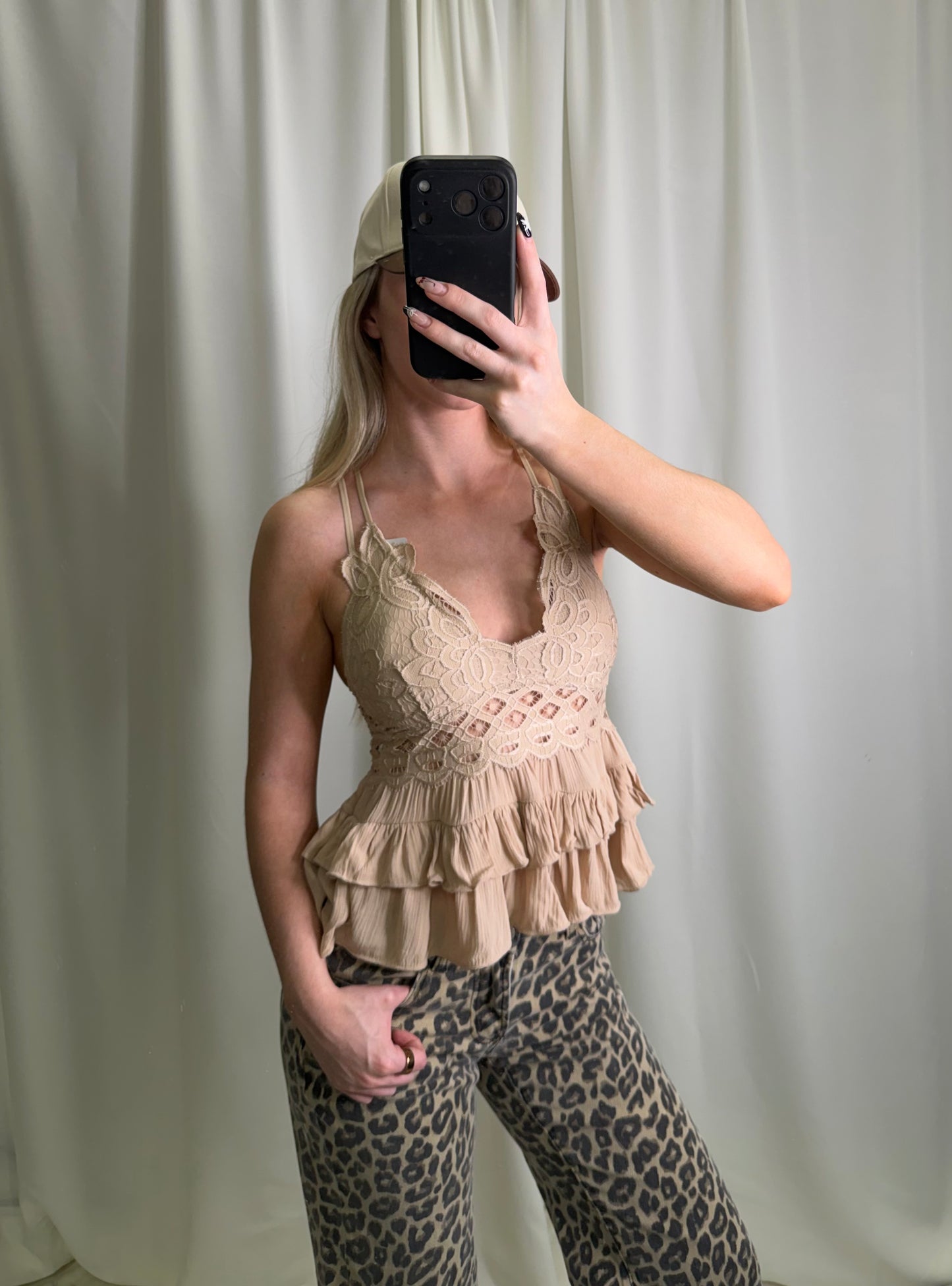 Cami Lace Ruffle Taupe Tank Top