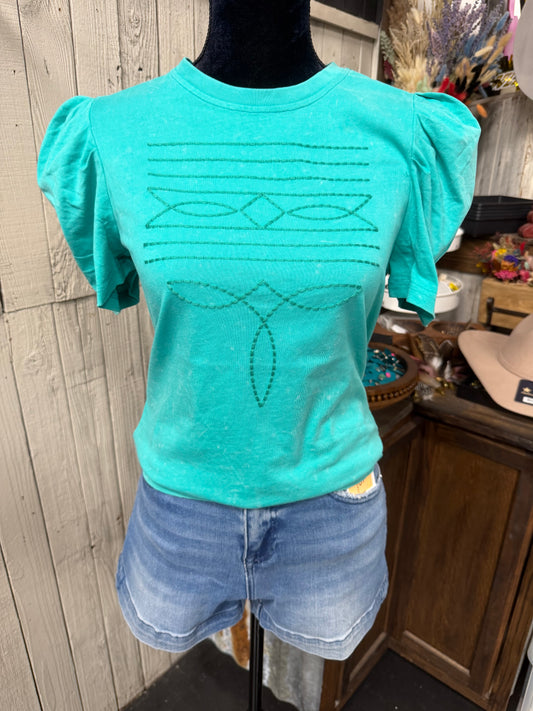 Turquoise Boot Stitch Puff Sleeve Tee