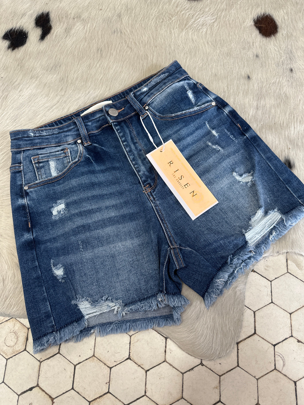 Risen High Rise Dark Wash Shorts