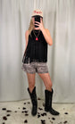 "Laura" Black Stretch Suede Fringe Top