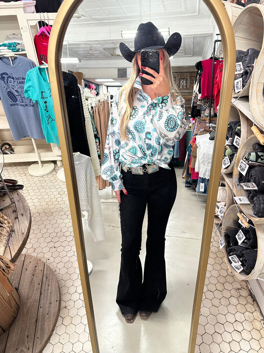 White Satin Turquoise Stone Blouse