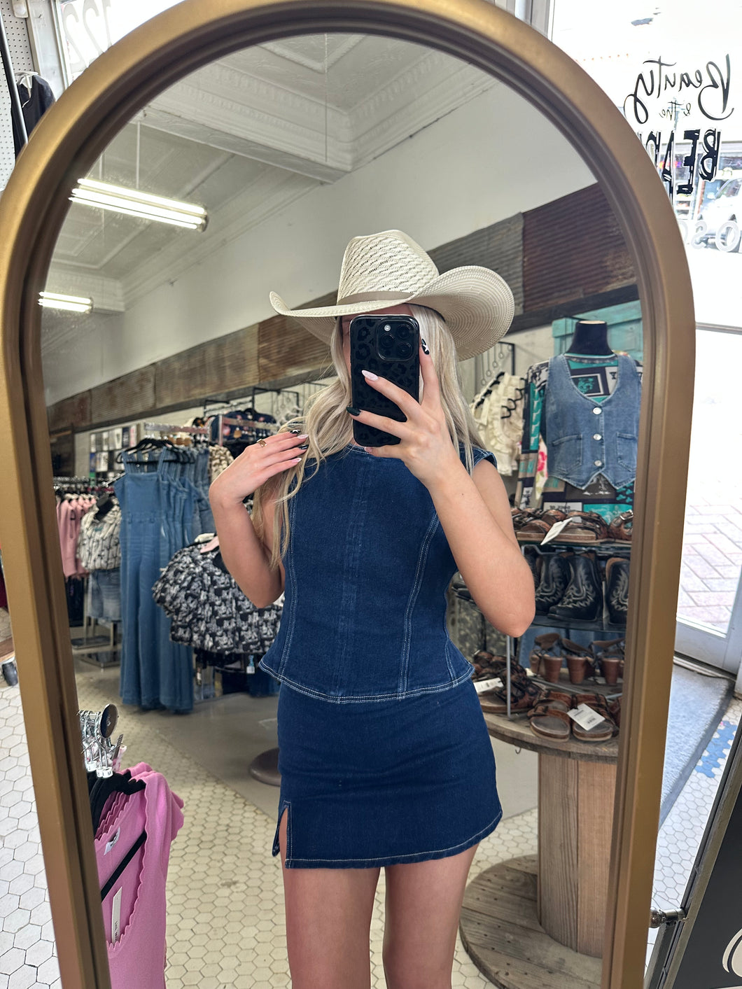 Denim Open Back Top and Skirt Set