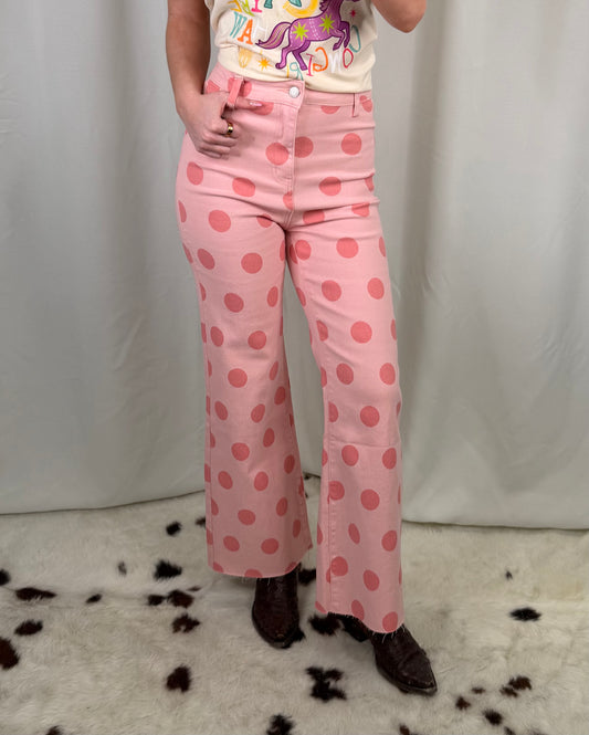 Pink Polka Dot High Rise Denim Straight Jeans