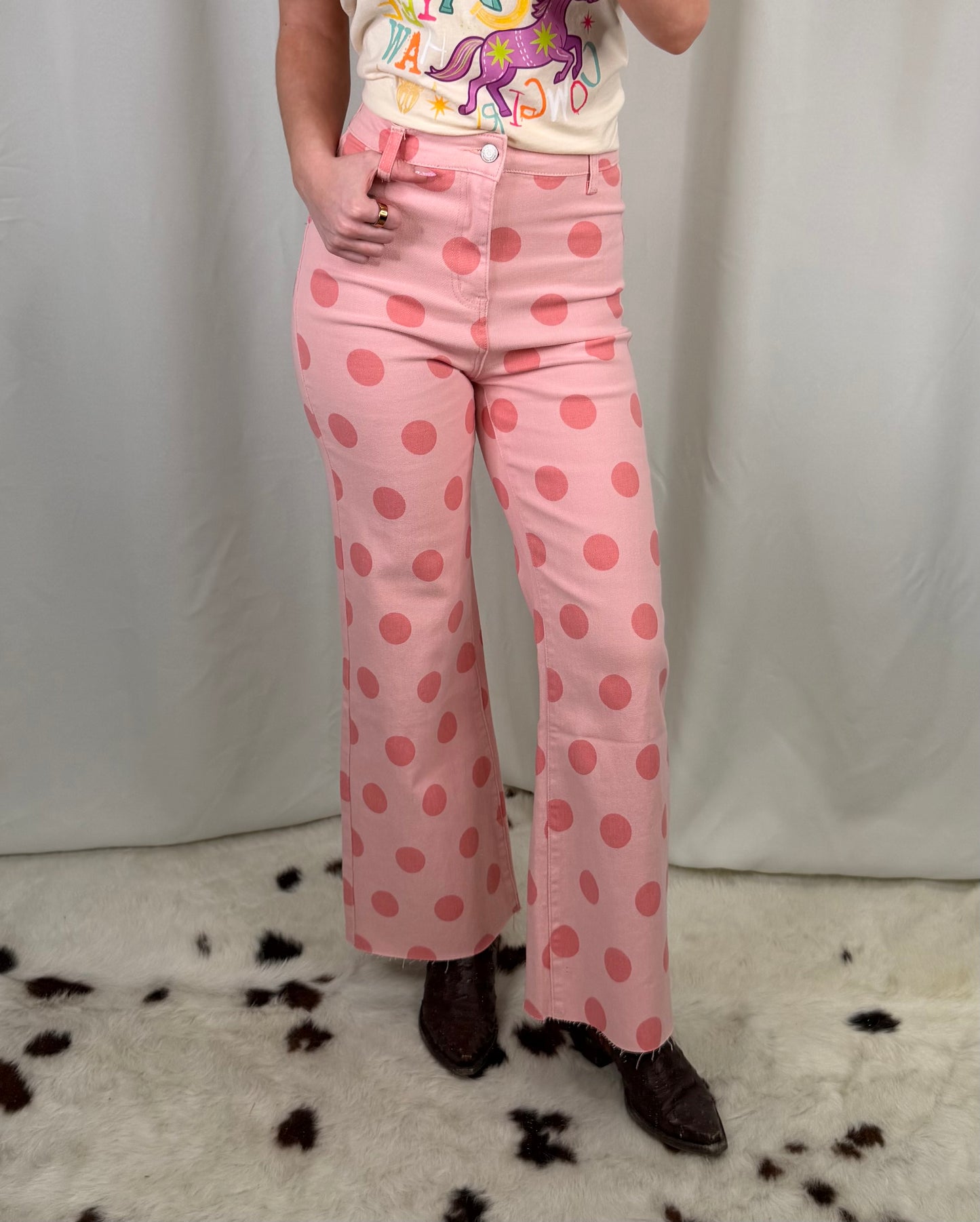Pink Polka Dot High Rise Denim Straight Jeans