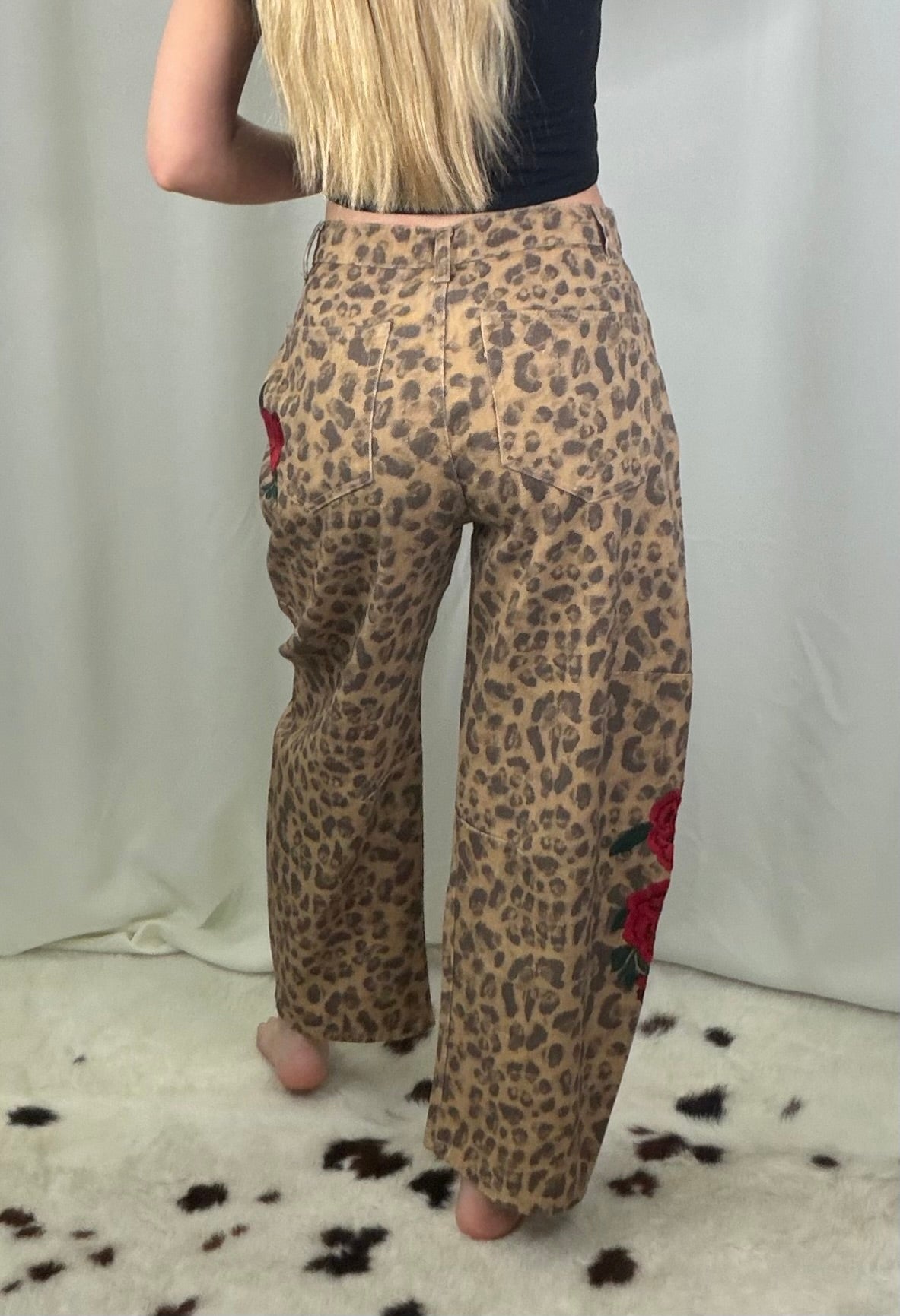 "Rosie" Rose Leopard Barrel Jeans