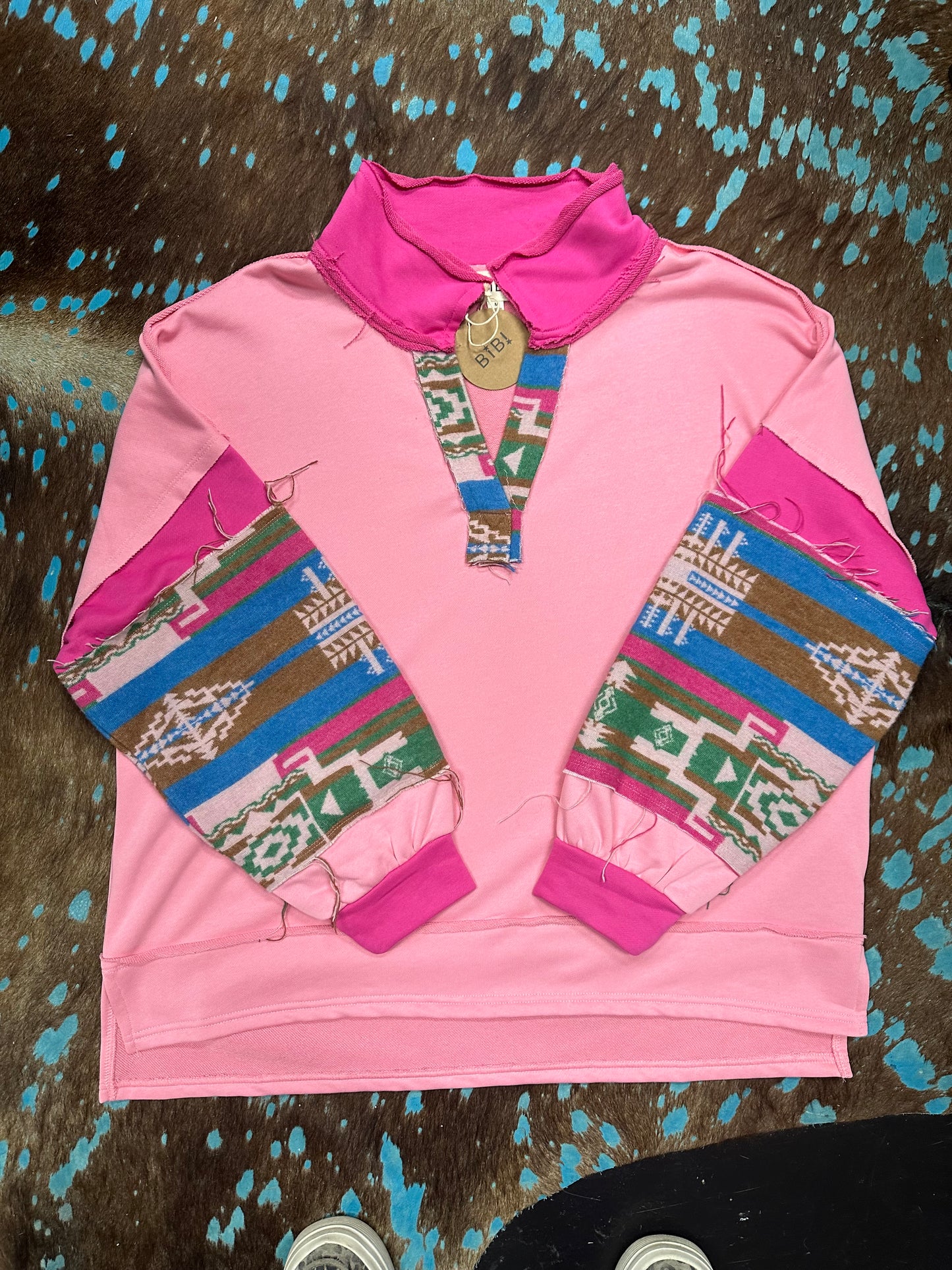 Pink Aztec Frayed Pullover