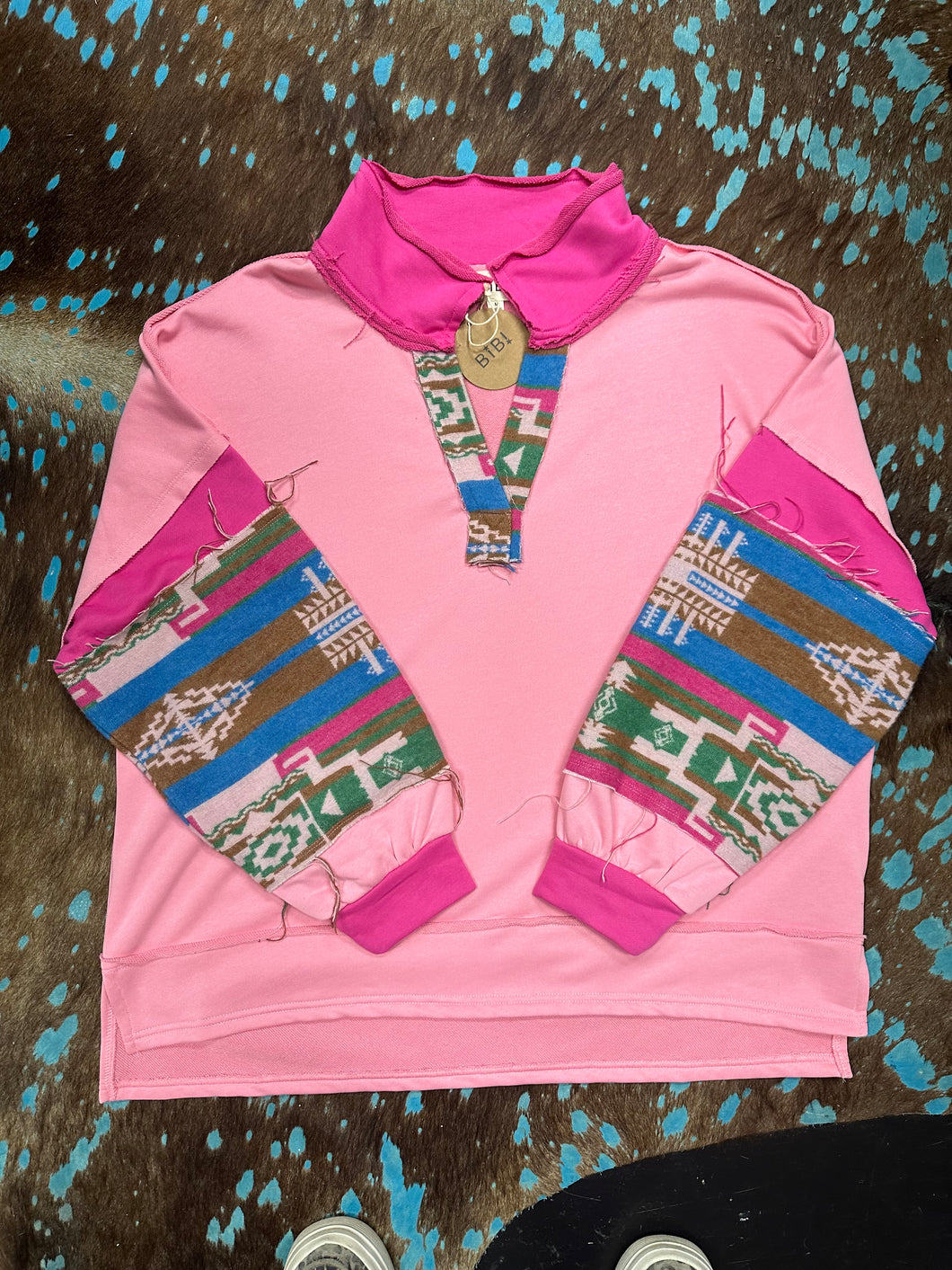 Pink Aztec Frayed Pullover