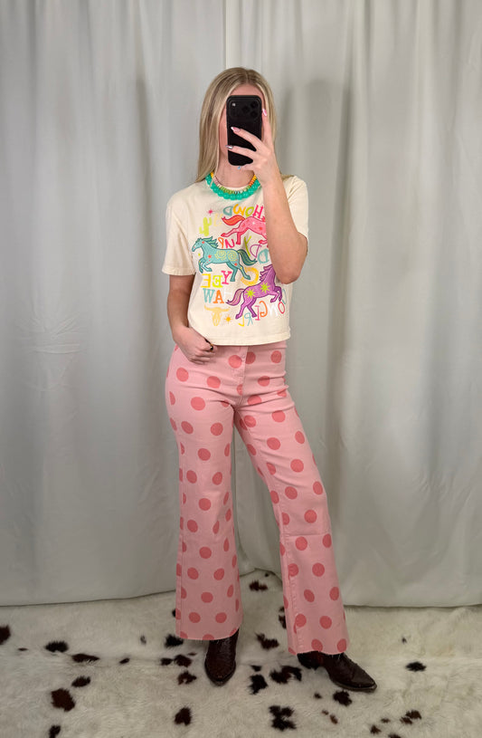 Pink Polka Dot High Rise Denim Straight Jeans