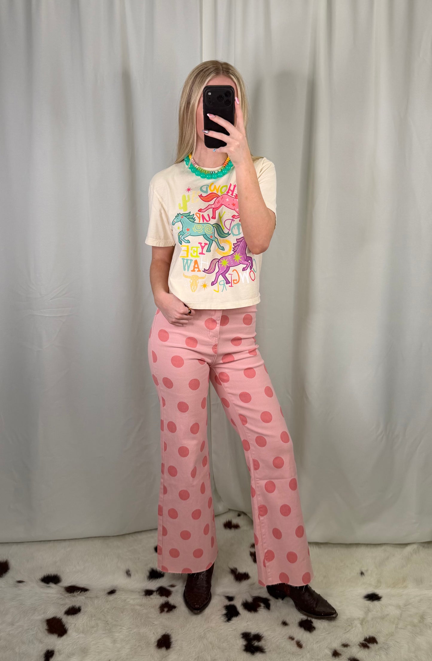 Pink Polka Dot High Rise Denim Straight Jeans