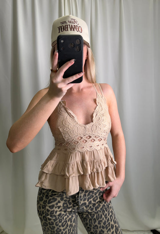 Cami Lace Ruffle Taupe Tank Top