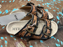 Load image into Gallery viewer, Myra Black/Tan Tooled Leather Sandals
