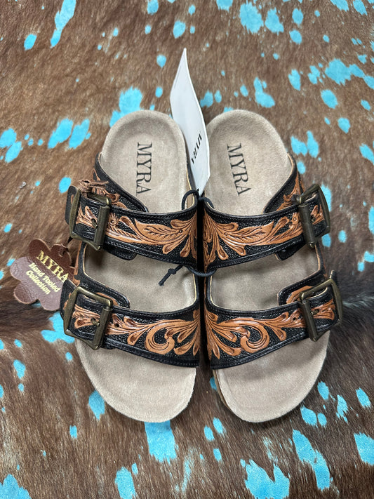 Myra Black/Tan Tooled Leather Sandals