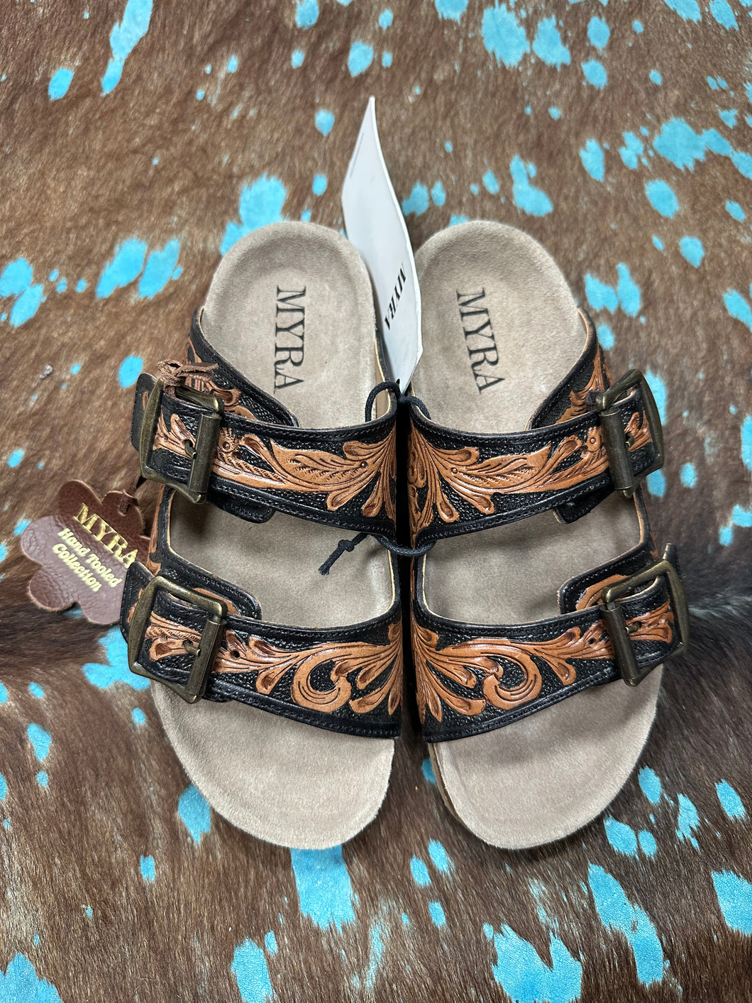 Myra Black/Tan Tooled Leather Sandals