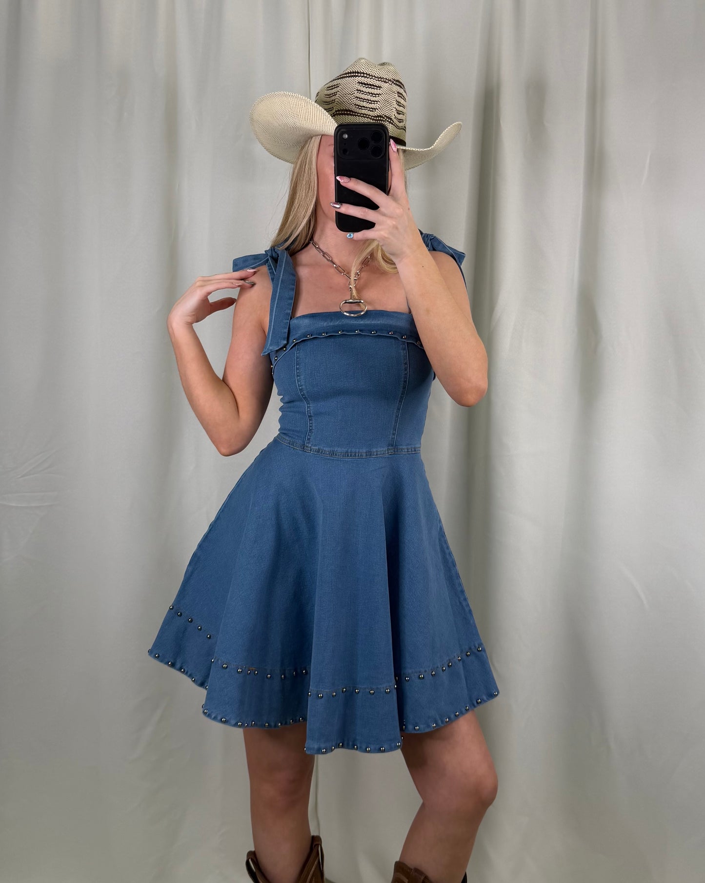 Denim Studded Tie Dress