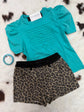 Turquoise Boot Stitch Puff Sleeve Tee
