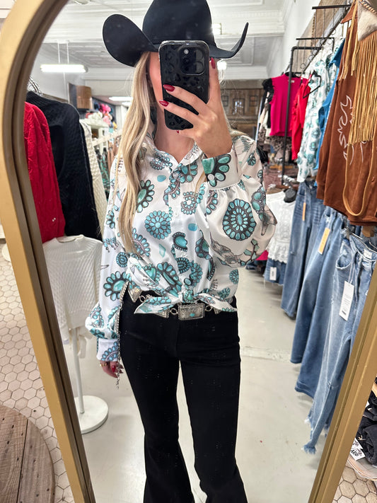 White Satin Turquoise Stone Blouse