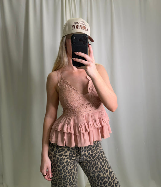 Cami Lace Ruffle Rose Tank Top