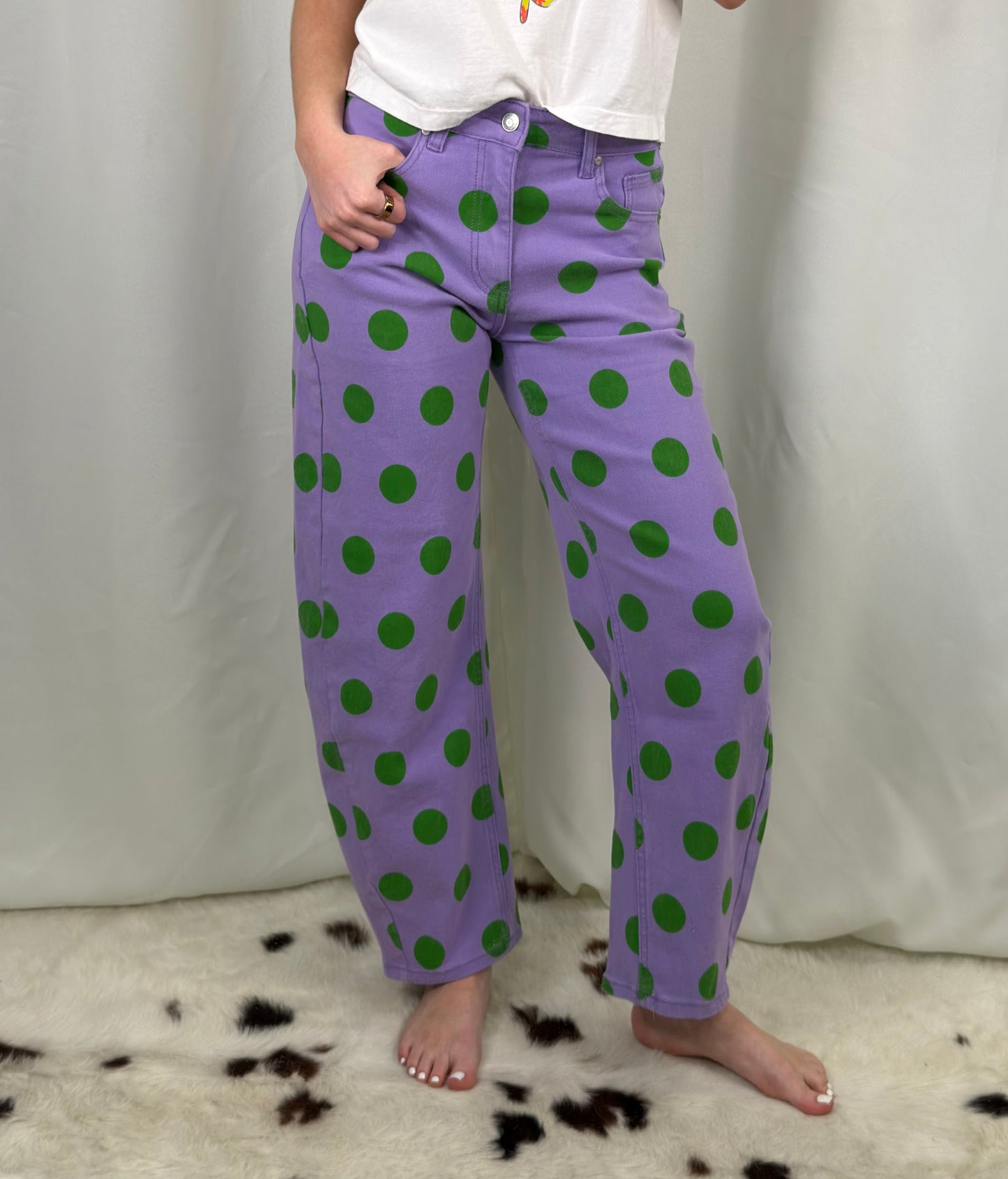 Purple & Green Polka Dot High-Rise Barrel Jeans