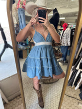 Load image into Gallery viewer, Denim Open Back Lace Mini Dress
