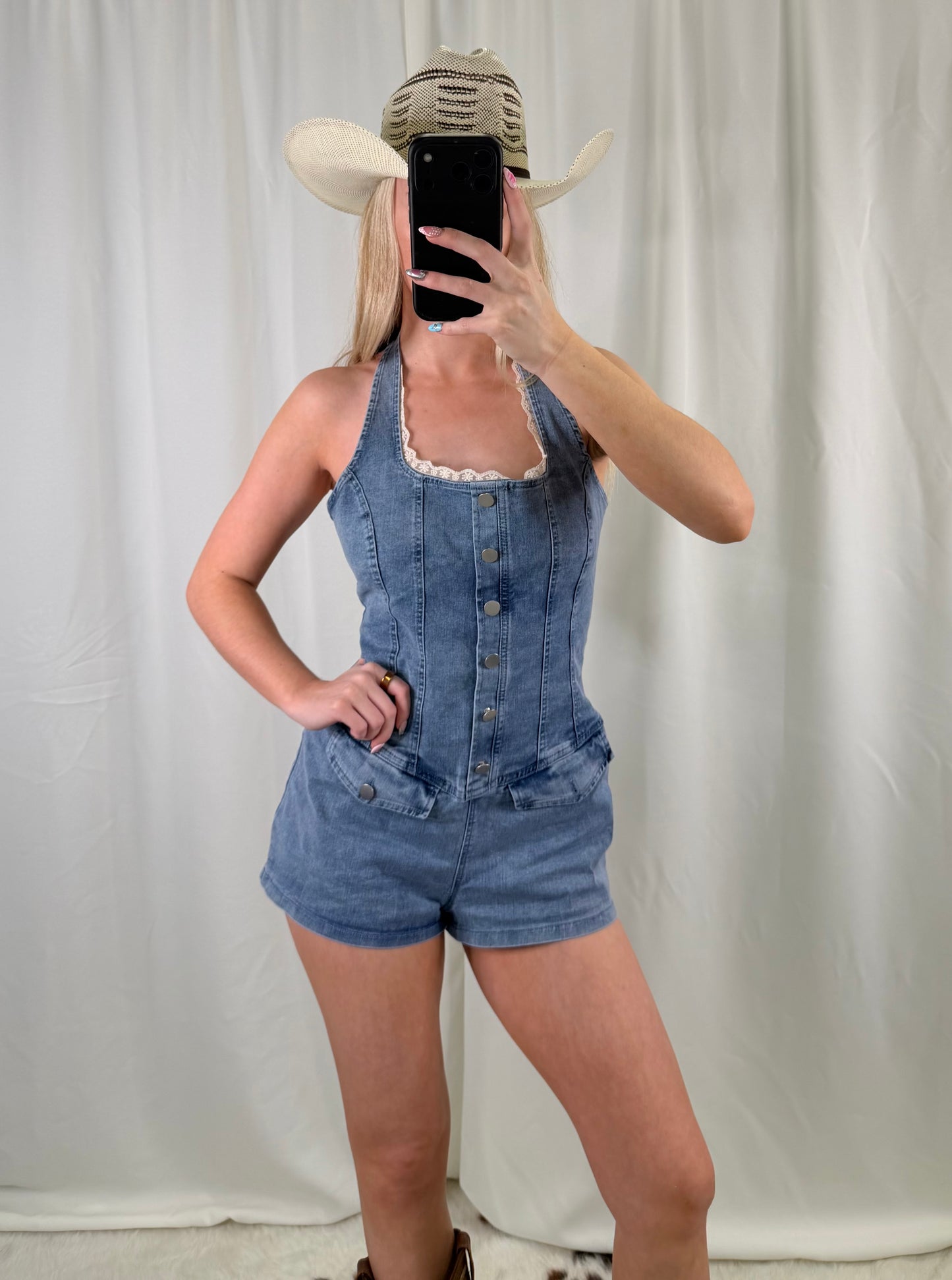 "Bailen" Denim Halter Neck Romper