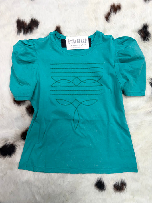 Turquoise Boot Stitch Puff Sleeve Tee