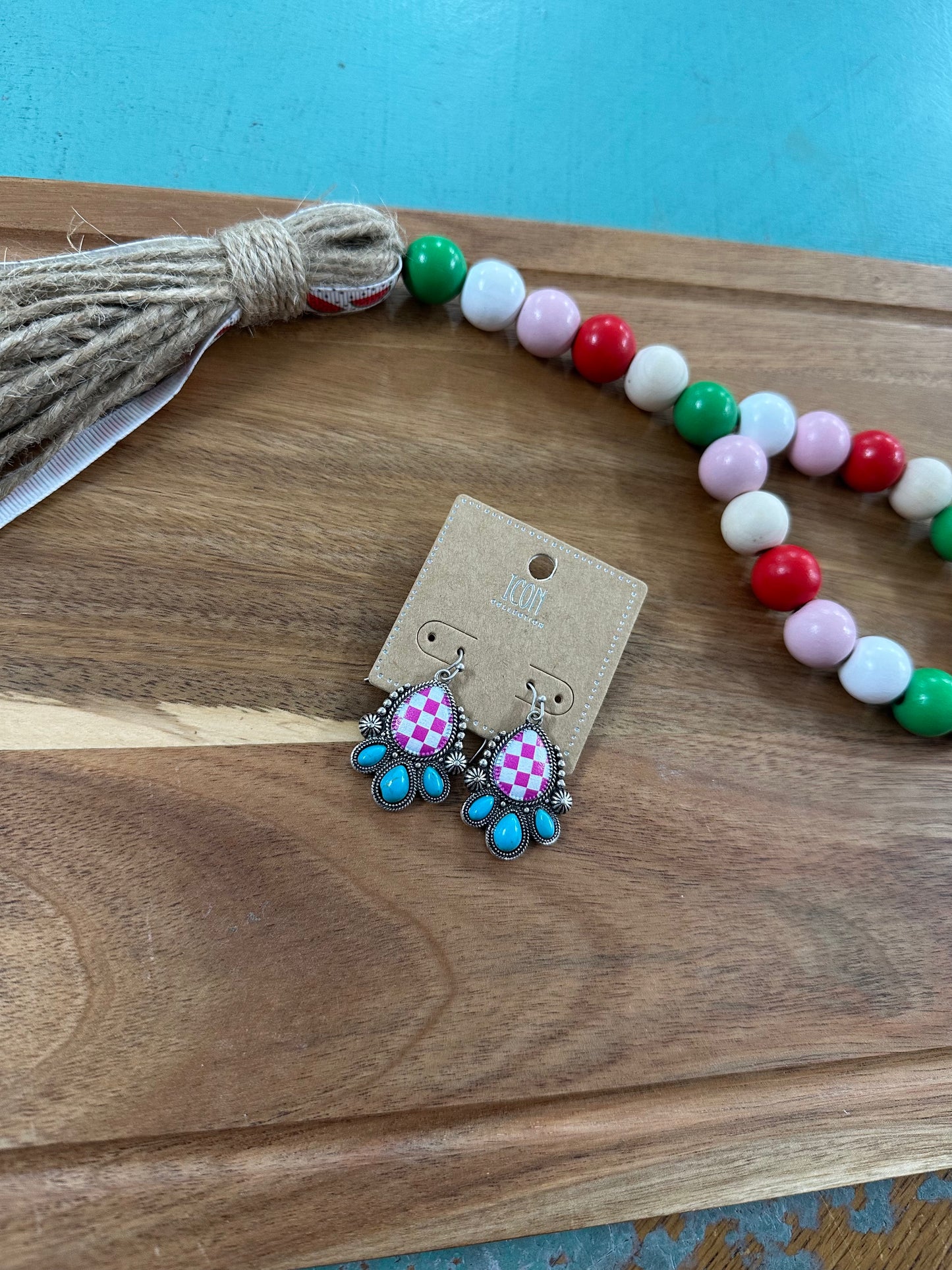 Pink Checkered and Turquoise Stone Earrings