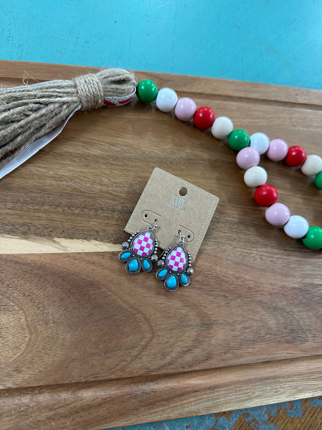 Pink Checkered and Turquoise Stone Earrings