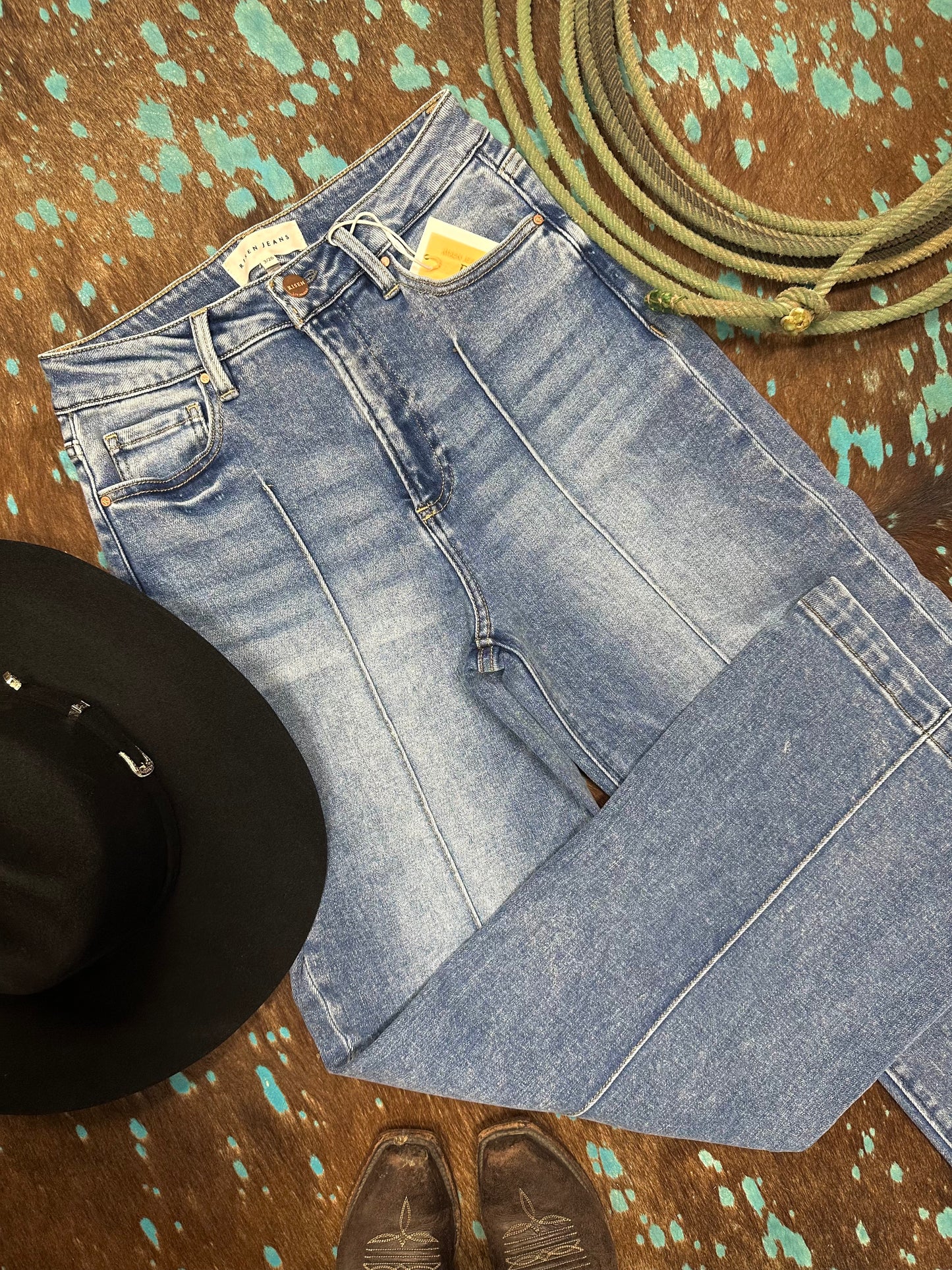 Risen High Rise Wide Leg Pin Tuck Jeans