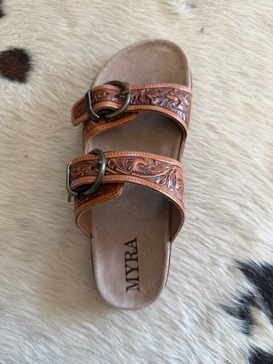 Myra Desert Fern Hand-Tooled Leather Sandals