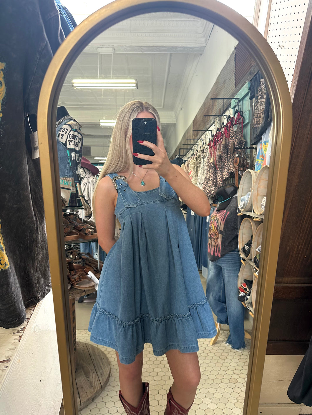 Western Buckle Denim Mini Dress