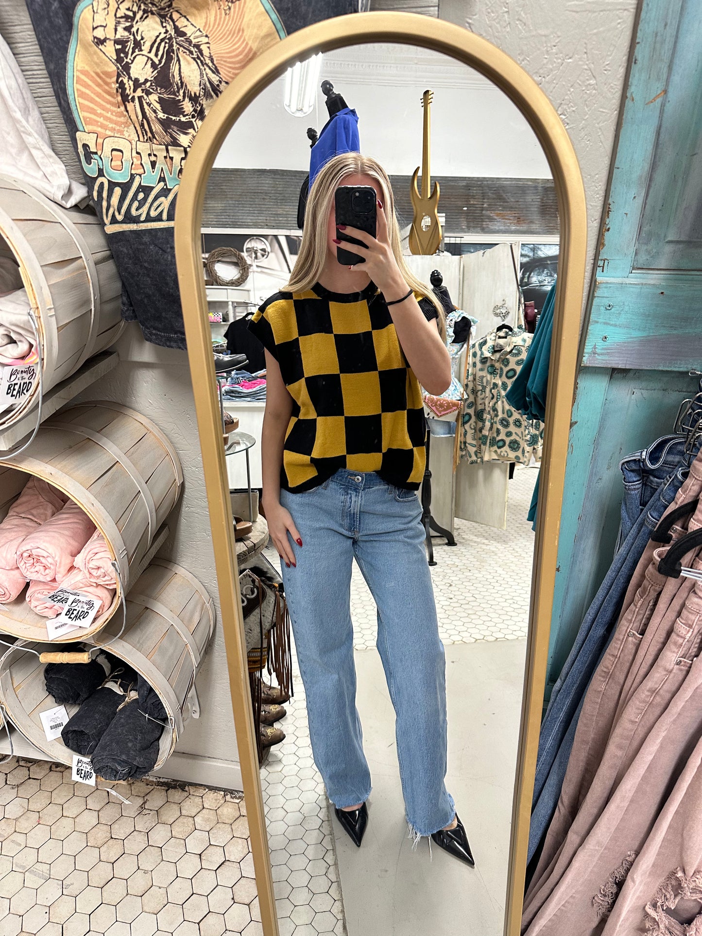 Black and Gold Checkered Sweater Vest