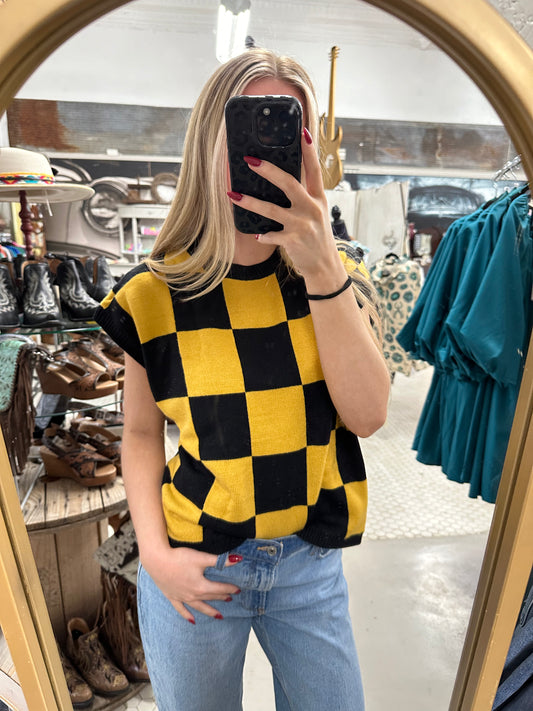 Black and Gold Checkered Sweater Vest