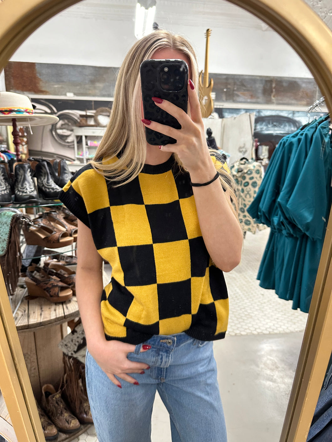 Black and Gold Checkered Sweater Vest
