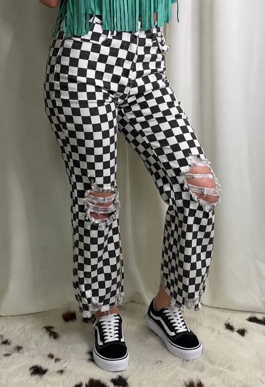 Black and White Checkered Ankle Jeans