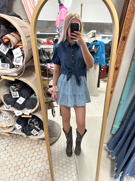 Risen Puff Sleeve Denim Snap Blouse