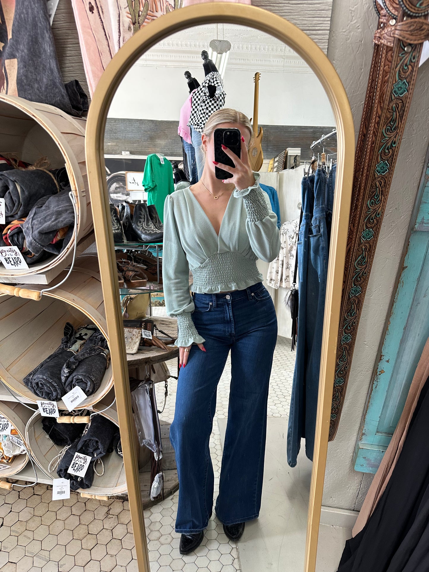 Mint Smocked Crop Blouse