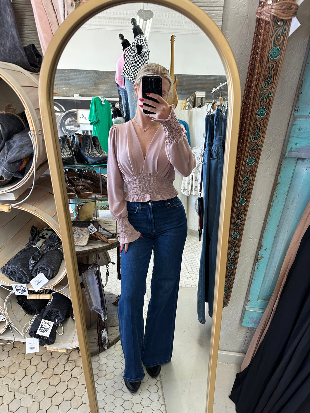 Pink Smocked Crop Blouse