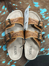 Load image into Gallery viewer, Myra Tan Tooled Leather Sandals
